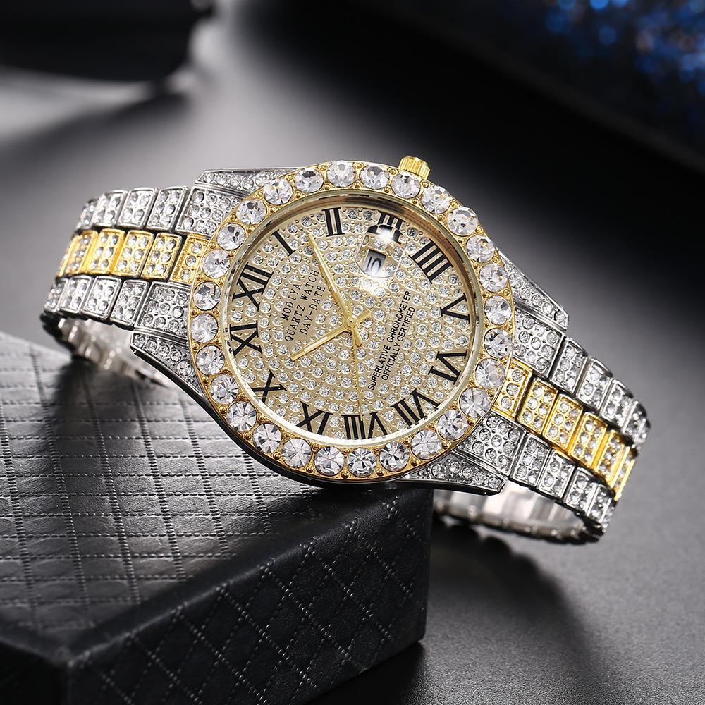 Internet Celebrated Full Diamond Face Roman Scale Steel Band Watch Men's Calendar Quartz Watch