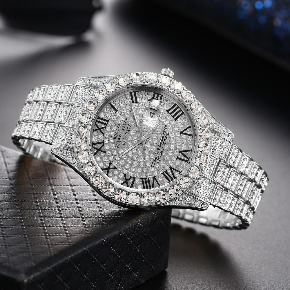 Internet Celebrated Full Diamond Face Roman Scale Steel Band Watch Men's Calendar Quartz Watch