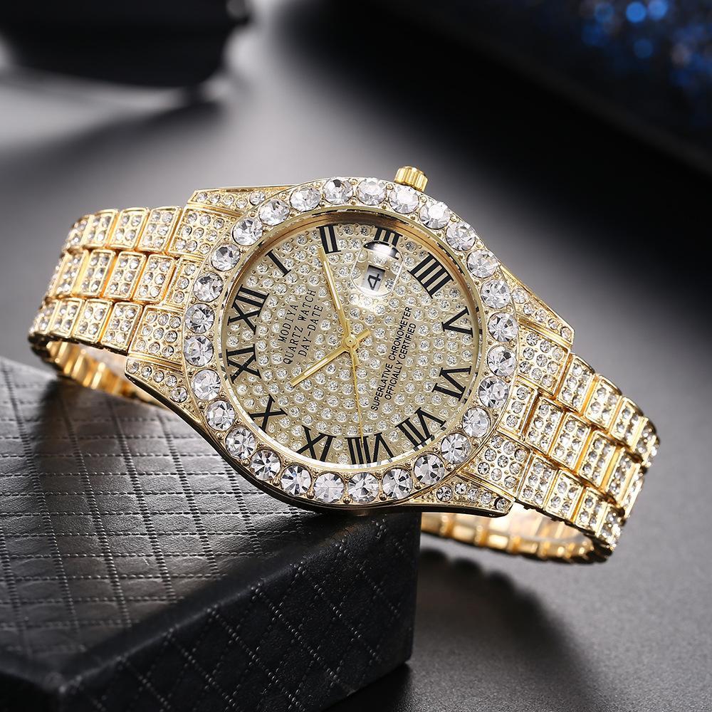 Internet Celebrated Full Diamond Face Roman Scale Steel Band Watch Men's Calendar Quartz Watch