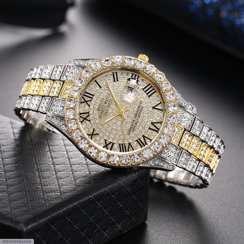 Internet Celebrated Full Diamond Face Roman Scale Steel Band Watch Men's Calendar Quartz Watch