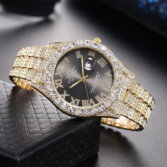 Internet Celebrated Full Diamond Face Roman Scale Steel Band Watch Men's Calendar Quartz Watch