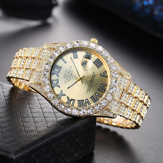 Internet Celebrated Full Diamond Face Roman Scale Steel Band Watch Men's Calendar Quartz Watch